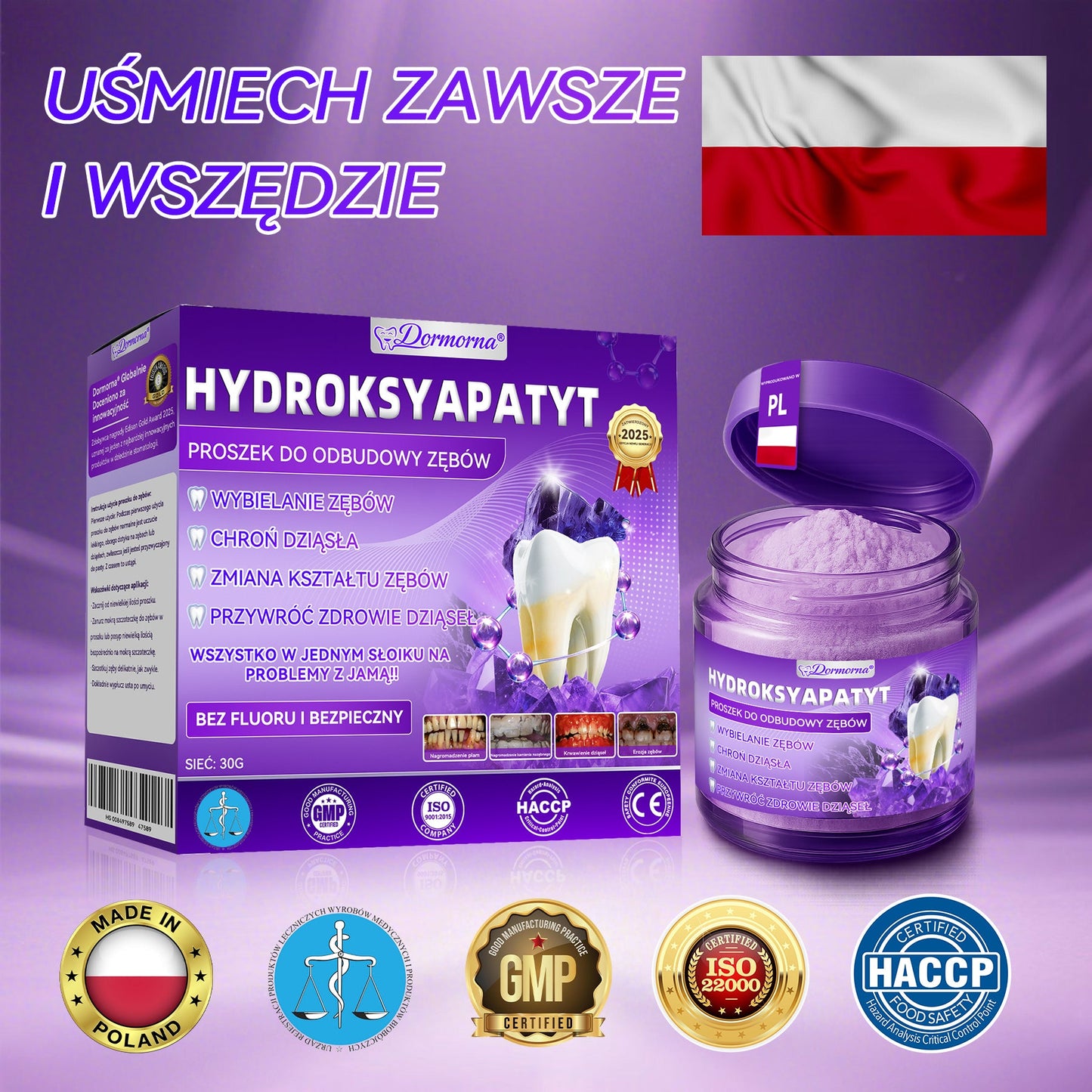 Proszek do regeneracji i naprawy zębów 𝐷𝑜𝒓𝒎𝒐𝒓𝑛𝑎® z hydroksyapatytem 🦷 (skutecznie naprawia ubytki zębów, problemy z dziąsłami, nadwrażliwość zębów, owrzodzenia jamy ustnej i żółknięcie zębów, kompleksowo poprawiając zdrowie jamy ustnej) 🍀